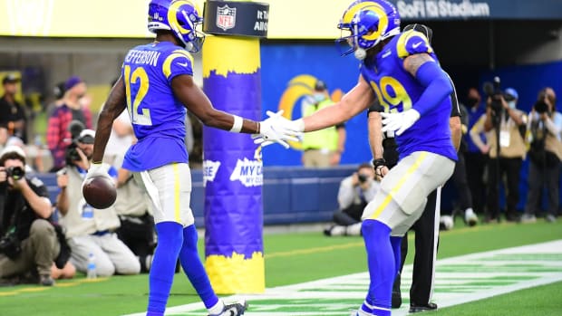 Dec 5, 2021; Inglewood, California, USA; /Los Angeles Rams wide receiver Van Jefferson (12) celebrates with tight end Tyler Higbee (89) his touchdown scored against the Jacksonville Jaguars during the second half at SoFi Stadium. Mandatory Credit: Gary A. Vasquez-USA TODAY Sports